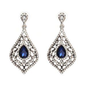 NEW  Blue Sapphire White Crystals Vintage Style Bridal Statement Earrings